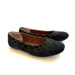 Lands End Womens Ballet Flats 6.5W Black/Gold Suede Embroidered